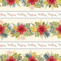 Retro Bold Colorful Tropical Exotic Foliage, Hibiscus Floral Vector Seamless Pattern. Flower Stripes Background.