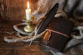 Retro book candle and feather