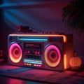 Retro boombox with neon lights. 3d illustration. Royalty Free Stock Photo