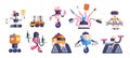 Retro bots. Futuristic robot work characters, internet game toy transformer bot for cooking or mail robotic technology