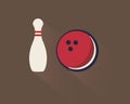 Retro bowling flat icon - skittle and ball with shadow and brown background Royalty Free Stock Photo