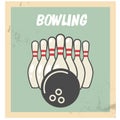 Retro bowling party flyer with skittles and ball