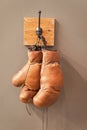 Retro boxing gloves. vintage sport equipment. boxing concept. old boxing gloves on hanger. history of sport. worn gloves