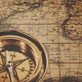 Retro brass compass over antique paper map