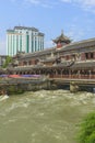 Retro bridge and modern building