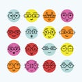 Retro bright colors cute emoticons faces with assorted geometrical shapes eyeglasses icons set on light blue