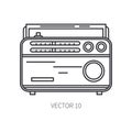 Retro broadcast fm radio tuner vector line icon. Summer travel vacation, tourism, camping. 1960s style. Old