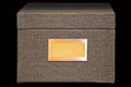 Retro Brown file-storage box covered with tweed fabric with blank label in copper frame