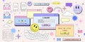 Retro browser computer window in 90s vaporwave style with smile face hipster stickers. Retrowave pc desktop with message