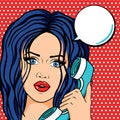 Retro brunette woman face close up in comic style, pop art woman answering on phone with speech bubble for your message Royalty Free Stock Photo