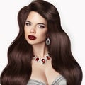 Retro Brunette woman with long shiny wavy hair. Beauty makeup. H Royalty Free Stock Photo