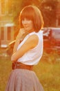 Retro brunette woman in sunset light Royalty Free Stock Photo