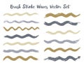 Retro brush stroke waves vector set. Hand drawn grey brown brushstrokes, ink splashes, watercolor splats, hand painted curls.