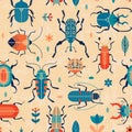 Retro bug seamless pattern. Vector geometric illustration with different bugs and florals.