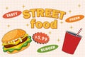 Retro cartoon funny fast food character posters. Vintage street food burger mascot Royalty Free Stock Photo