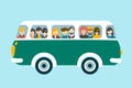 Retro bus with passengers. Flat vector concept