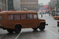 Retro the bus on streets of Moscow in day of procession of communists