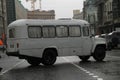 Retro the bus on streets of Moscow in day of procession of communists