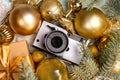 retro camera background with christmas decor top view Royalty Free Stock Photo