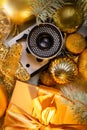 retro camera background with christmas decor top view Royalty Free Stock Photo