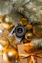 retro camera background with christmas decor top view Royalty Free Stock Photo