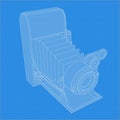 Retro camera drawing. Different angle and 3D projection of retro camera on blueprint. Vintage photocamera vector drawing