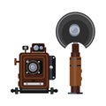 Retro camera and flash isolated on white backdrop