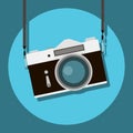 Retro camera in a flat style on a colored background. Old camera with strap. Vintage film camera. Vector illustration Royalty Free Stock Photo