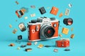 Retro camera with flying objects on blue background. 3d rendering, Vintage camera and stickers with fails on blue background, AI