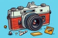 Retro camera with lens and film on blue background, vector illustration, Vintage camera and stickers with fails on blue background