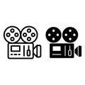 Retro camera line and glyph icon. Film camera with strip vector illustration isolated on white. Old moovie camera