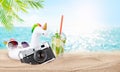 Retro camera and mojito cocktail on tropical beach Royalty Free Stock Photo