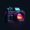 Neon Camera With Palm Tree: Realistic Landscapes And Colorful Illustrations