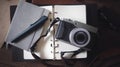 Retro Camera With Stationary on Table, Working, Empty Space
