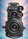 Retro cameras and lenses, fantastic and non-existent surreal cameras as technological abstract background. Generative Ai Royalty Free Stock Photo