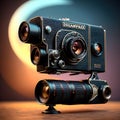 Retro cameras and lenses, fantastic and non-existent surreal cameras as technological abstract background. Generative Ai