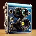 Retro cameras and lenses, fantastic and non-existent surreal cameras as technological abstract background. Generative Ai Royalty Free Stock Photo