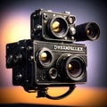 Retro cameras and lenses, fantastic and non-existent surreal cameras as technological abstract background. Generative Ai. Royalty Free Stock Photo