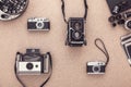 Retro cameras. Traditional photography. Black and white photography. Hobby. Flat lay. View from above.