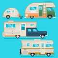 Retro camper trailer collection.Set of recolored traveler truck campers in flat style isolated on blue. Vector illustration Royalty Free Stock Photo