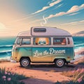Retro camper van by the ocean at sunset with Live the Dream slogan Royalty Free Stock Photo