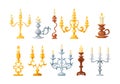 Retro candles in candlesticks set. Retro vintage candle holders, chandelier and candelabrums with burning flames and decorative