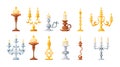 Retro candles in candlesticks set. Retro vintage candle holders, chandelier and candelabrums with burning flames Royalty Free Stock Photo