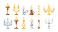 Retro candles in candlesticks set. Retro vintage candle holders, chandelier and candelabrums with burning flames and decorative