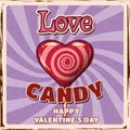 Retro Candy in shape of heart Lollipop on stick poster. Love Candy Vintage Valentine Day design. Vector illustration
