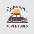 Retro car adventures with luggage on roof sunset surfing vintage greeting card with lettering template poster flat
