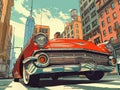 Retro car amidst city skyscrapers, pop art. Vintage texture. Raster generative.