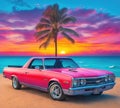 Retro car on the beach with palms at sunset vintage design, generative Ai