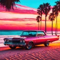 Retro car on the beach with palms at sunset vintage design, generative Ai