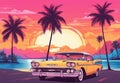 Retro car on the beach with palms at sunset vintage design